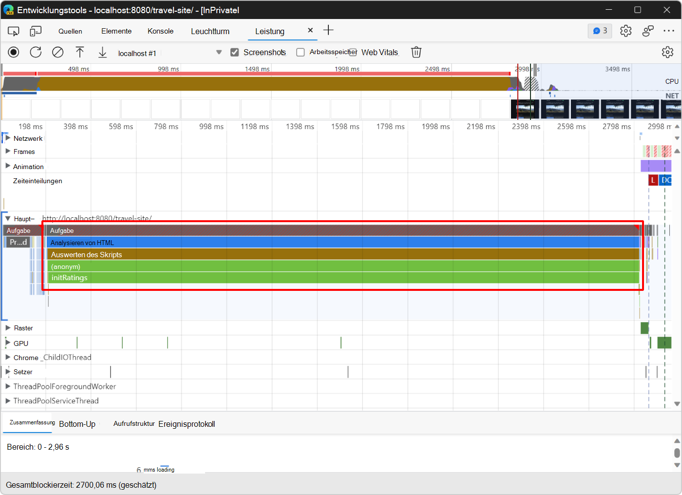 Ereignisse im Hauptabschnitt des Leistungstools