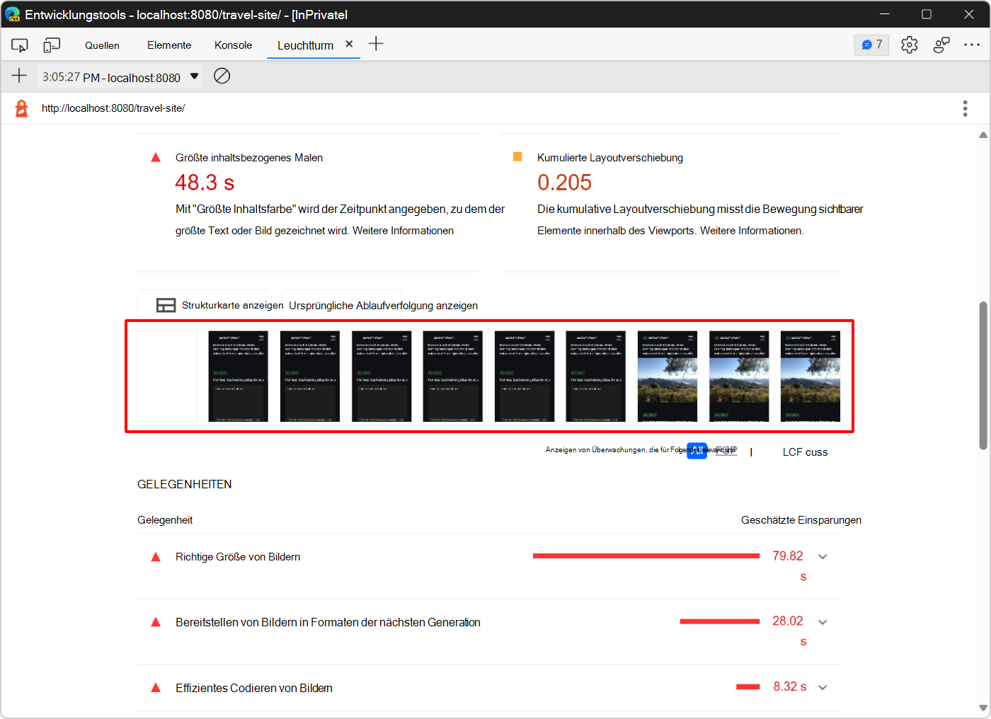 Eine Reihe von Screenshots, die zeigen, wie die Seite beim Laden aussähte