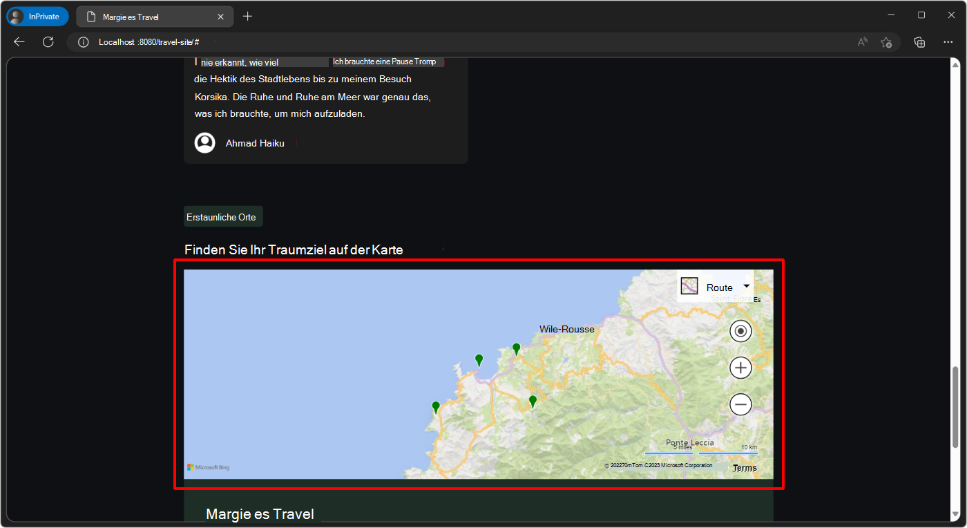Die Kartenkomponente auf der Demowebsite