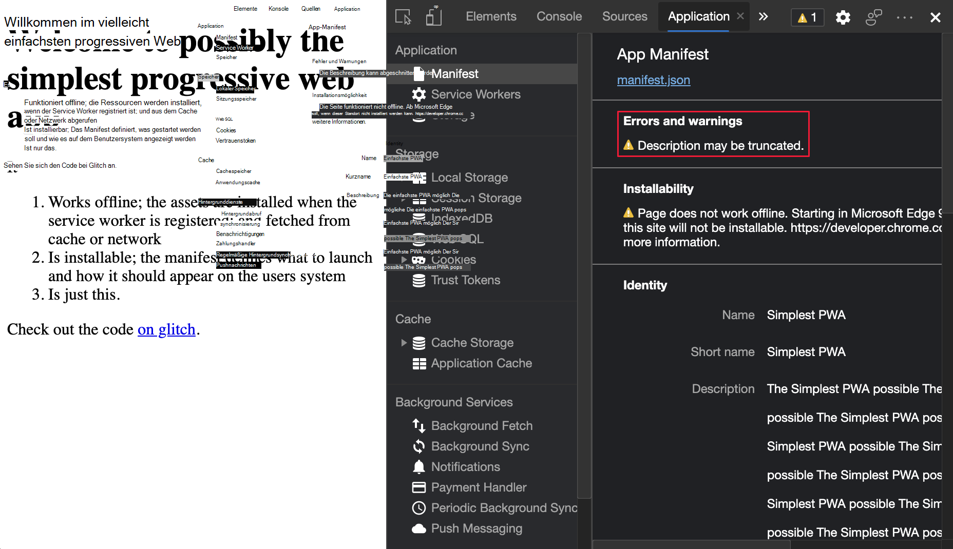 Warnung zur Abschneidung der PWA-Beschreibung