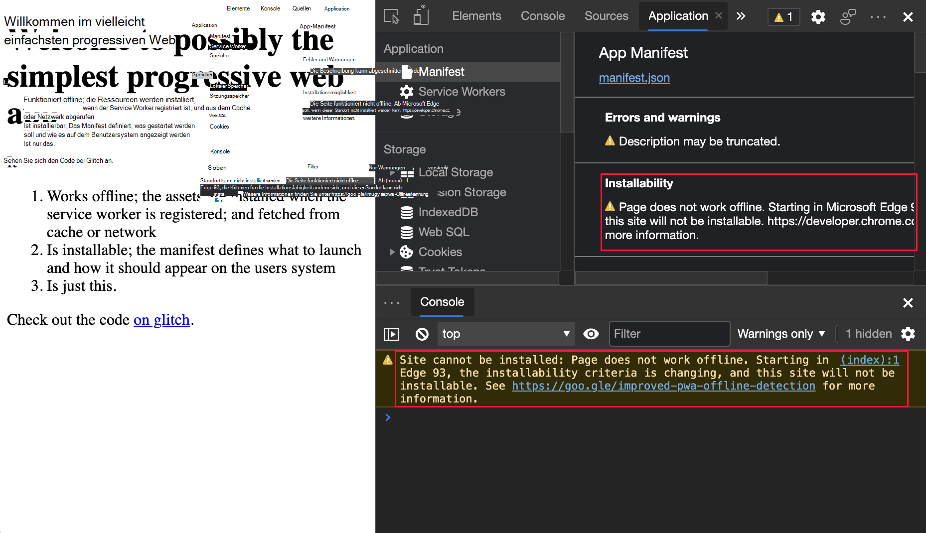 PWA-Installationsfähigkeitswarnung im Konsolentool