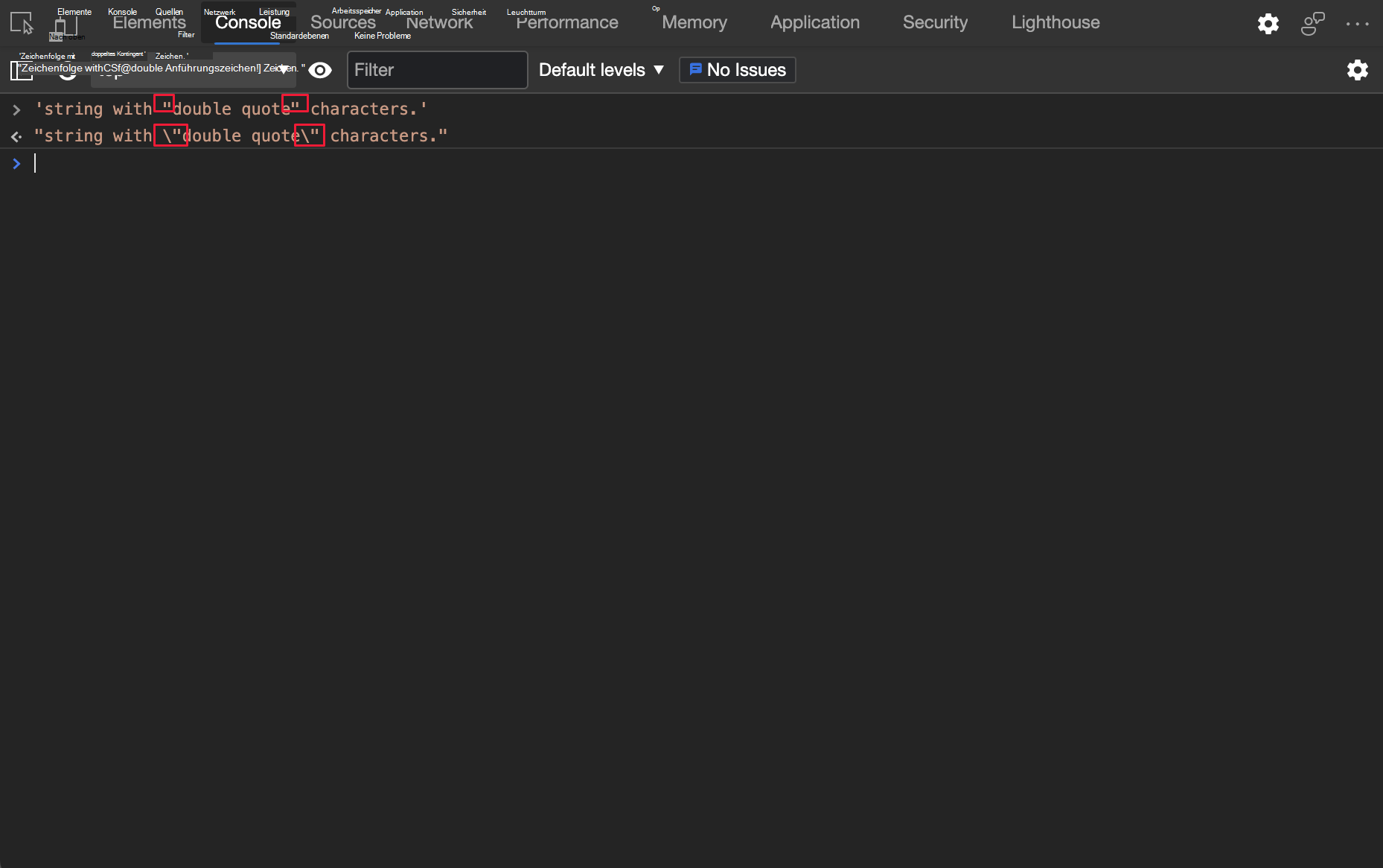 Die Konsole gibt JavaScript-Zeichenfolgen mit Escapezeichen () aus.