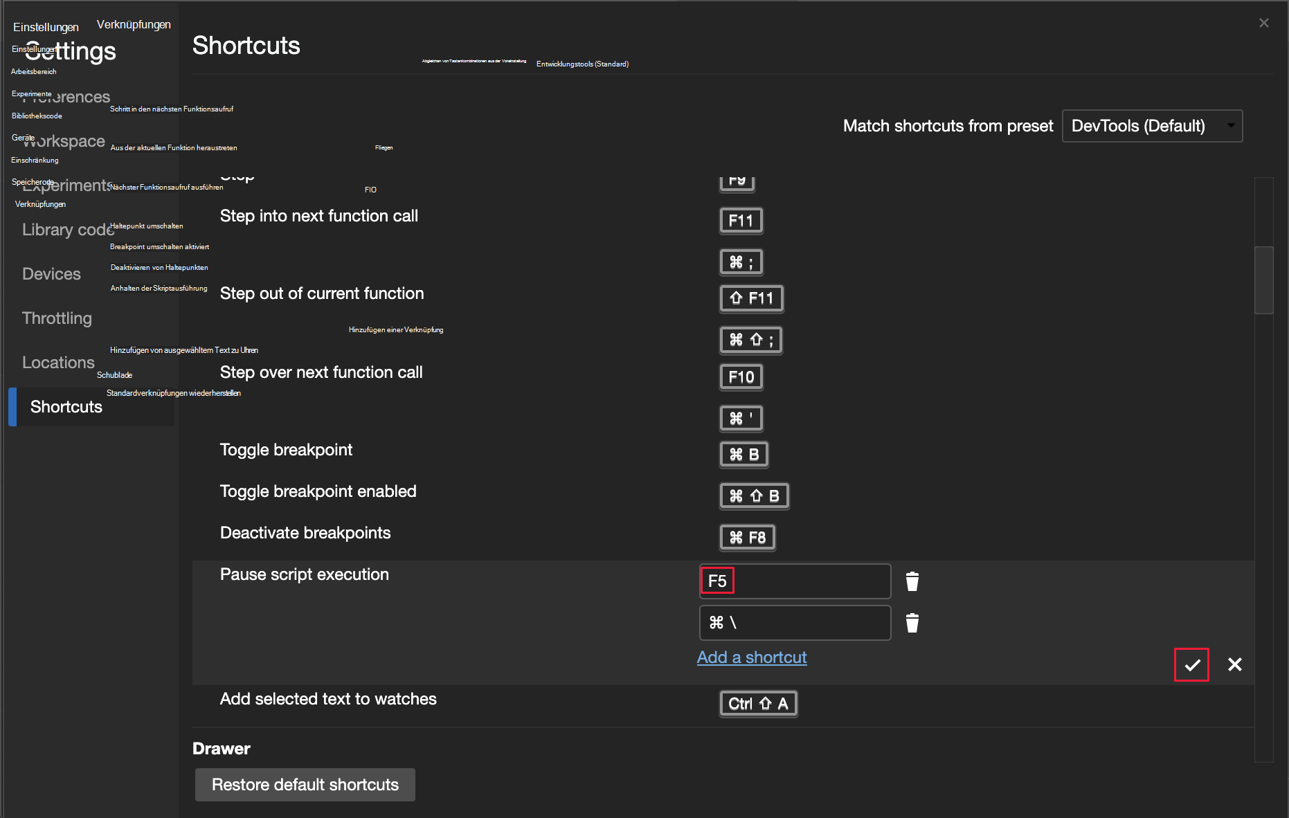 Anpassen von Tastenkombinationen in den DevTools-Einstellungen für Tastenkombinationen mit einer Verknüpfung im Bearbeitungsmodus