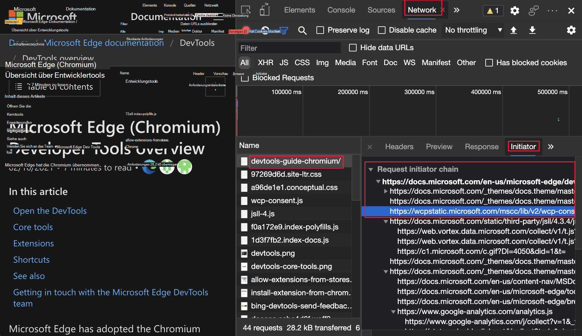 Erweitern oder Reduzieren der Anforderungsinitiatorkette und Folgen der hervorgehobenen Zeile