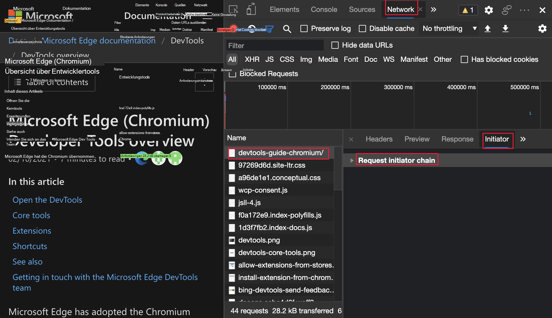 Klicken Sie auf eine Netzwerkanforderung, und klicken Sie dann auf den Bereich Initiator.