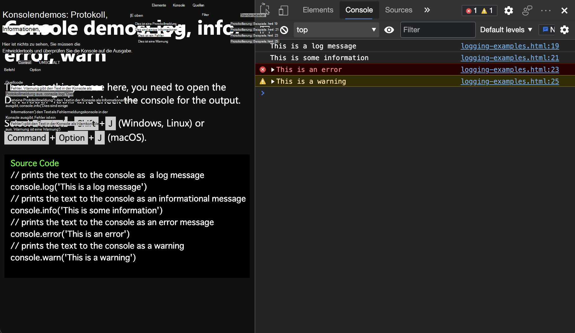 Anzeigen einer Nachricht in der Konsole in Microsoft Edge DevTools