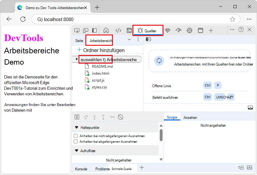 Die Registerkarte Arbeitsbereich weist einen grünen 