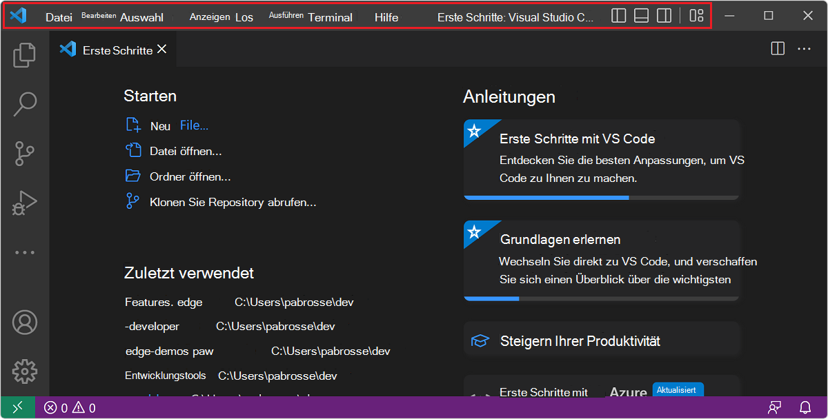 Visual Studio Code zeigt Inhalt im Titelleistenbereich an