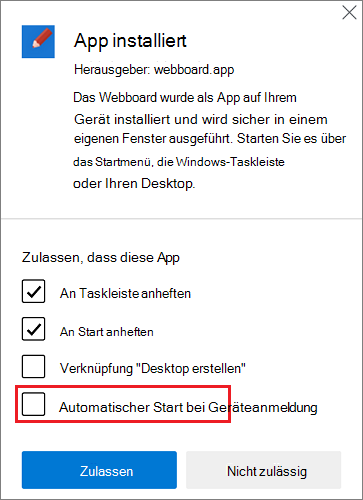 Das Dialogfeld nach der Installation wird automatisch geöffnet, nachdem eine App installiert wurde.