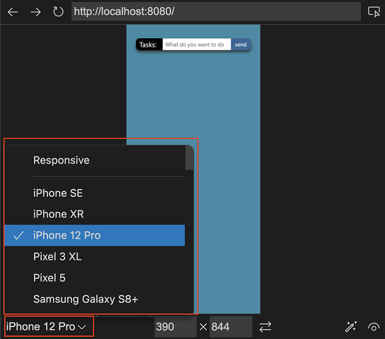 Browservorschau in der Erweiterung mit dem Webprodukt in einem emulierten Telefonlayout