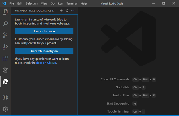 Im Bereich "Microsoft Edge-Tools: Ziele" werden die Schaltflächen "Startinstanz" und "Launch.json generieren" angezeigt.