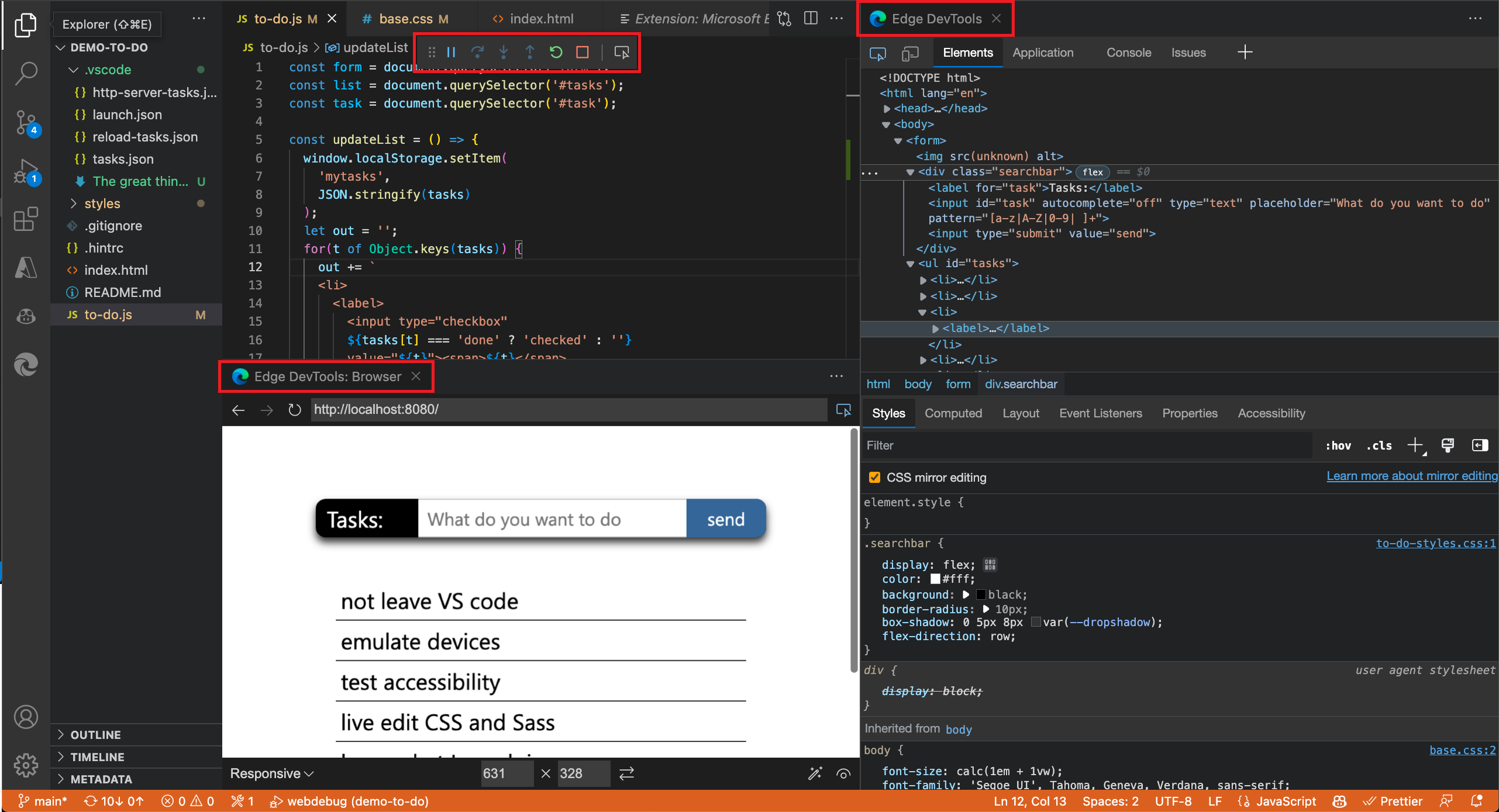 In Visual Studio Code geöffnete Erweiterung mit der Browservorschau unterhalb des Quellcodes und den DevTools auf der rechten Seite