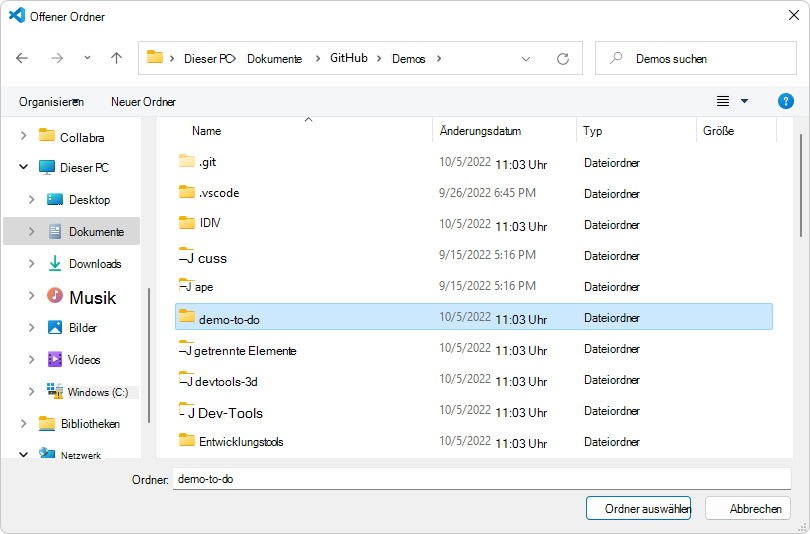 Ordner öffnen: demo-to-do
