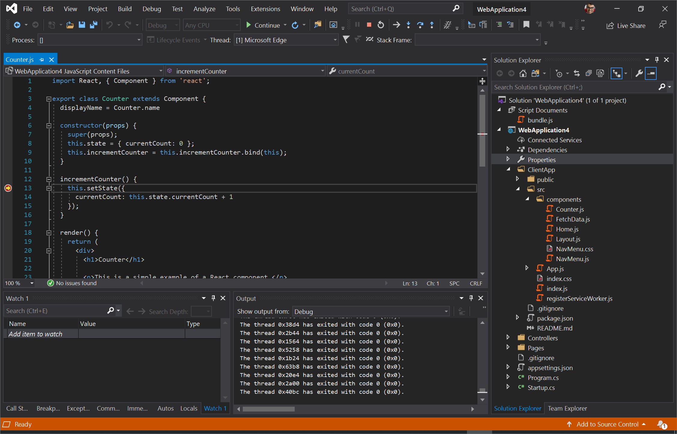 Visual Studio hält JavaScript an, das in Microsoft Edge ausgeführt wird.