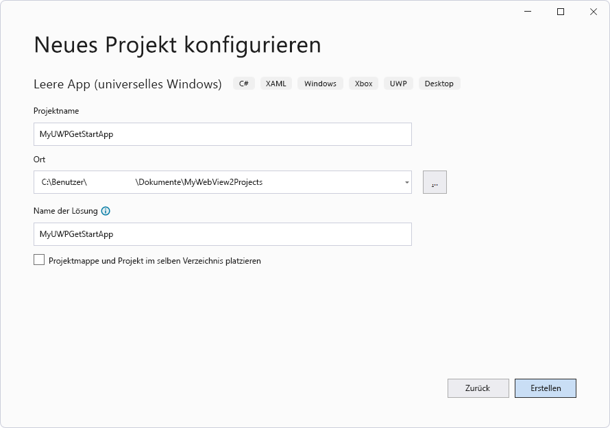 Im Dialogfeld "Neues Projekt konfigurieren" werden Textfelder für eine leere App (Universelle Windows-App) angezeigt.