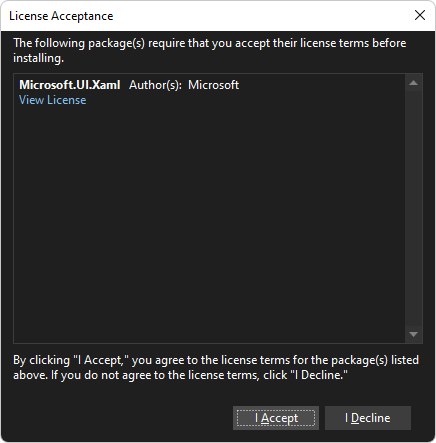 Das Dialogfeld "Lizenzakzeptanz" für die Installation des Microsoft.UI.Xaml-Pakets