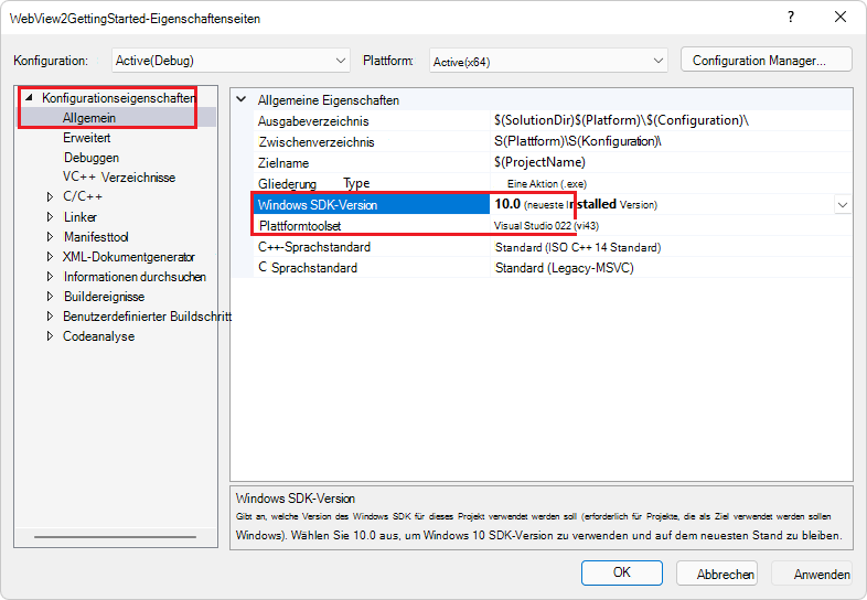 In Visual Studio 2022 ist die Windows SDK-Version bereits 10, und das Plattformtoolset ist bereits Visual Studio.