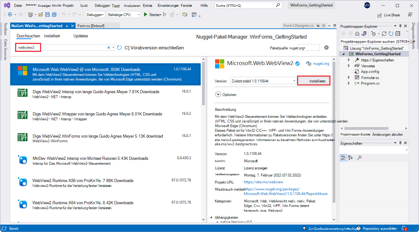NuGet-Paket-Manager in Visual Studio zum Installieren des Microsoft.Web.WebView2 SDK-NuGet-Pakets für das aktuelle Projekt