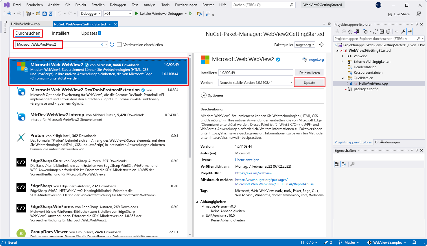 Auswählen des Pakets "Microsoft.Web.WebView2" im NuGet-Paket-Manager in Visual Studio