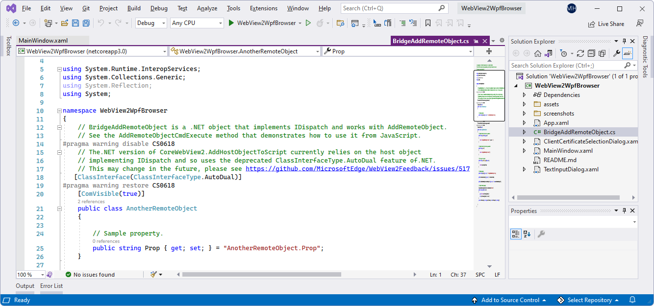 Code des WebView2WpfBrowser-Projekts in Visual Studio