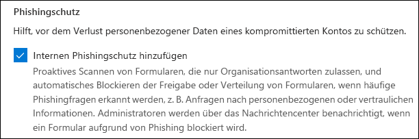 Microsoft Forms-Administratoreinstellung für Phishingschutz