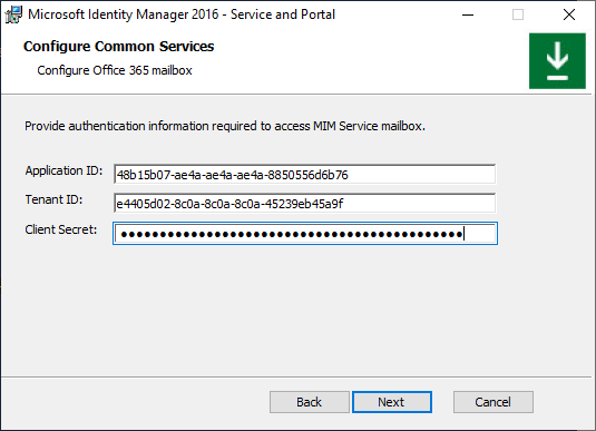 Bildschirmbild Microsoft Entra Anwendungs-ID, Mandanten-ID und geheimer Clientschlüssel – Option C