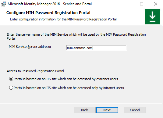 Bildschirmbild des Dienstkonfigurationsportals für die Kennwortregistrierung