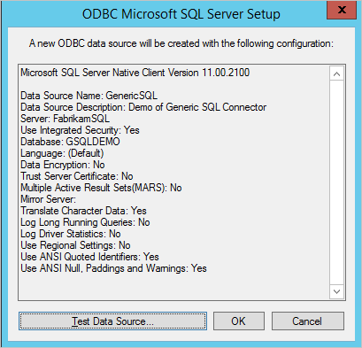 Screenshot: Konfigurationsdetails der neuen O D B C-Datenquelle und der Schaltfläche Datenquelle testen
