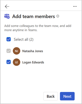Screenshot des Schritts „Teammitglieder hinzufügen“ im Vertriebs-Agent in Outlook.