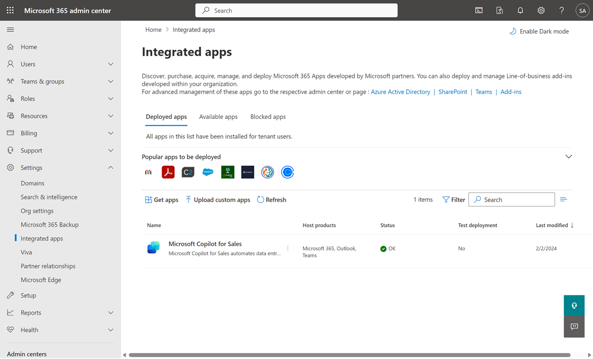 Screenshot, der zeigt, dass Copilot for Sales als Add-In für Outlook installiert ist.