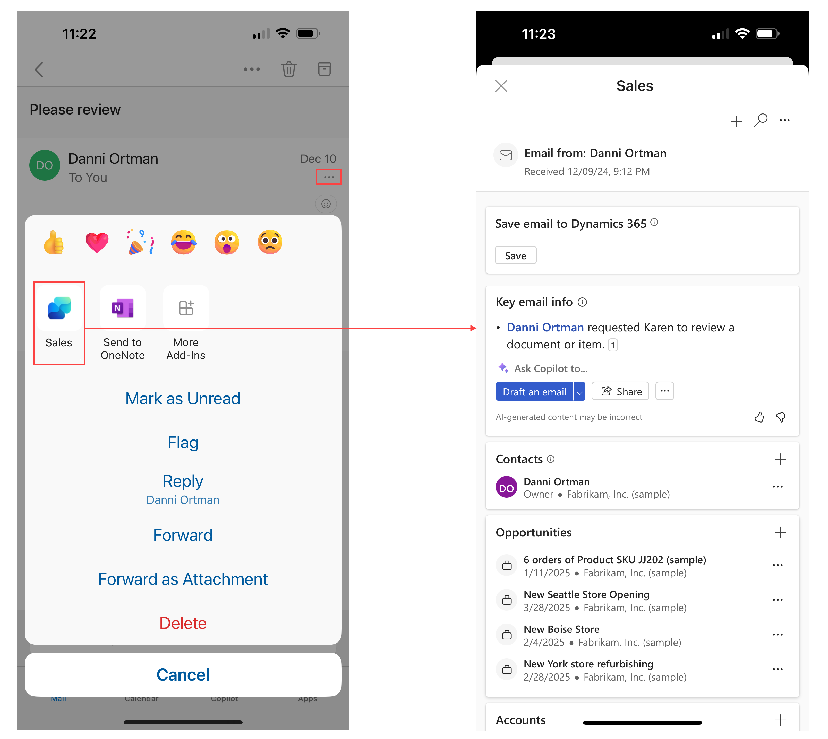 Screenshot of the Sales agent app opened in Outlook mobile app.