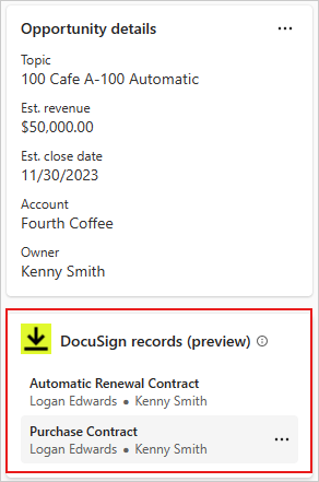 Screenshot mit zugehörigen Datensätzen von DocuSign