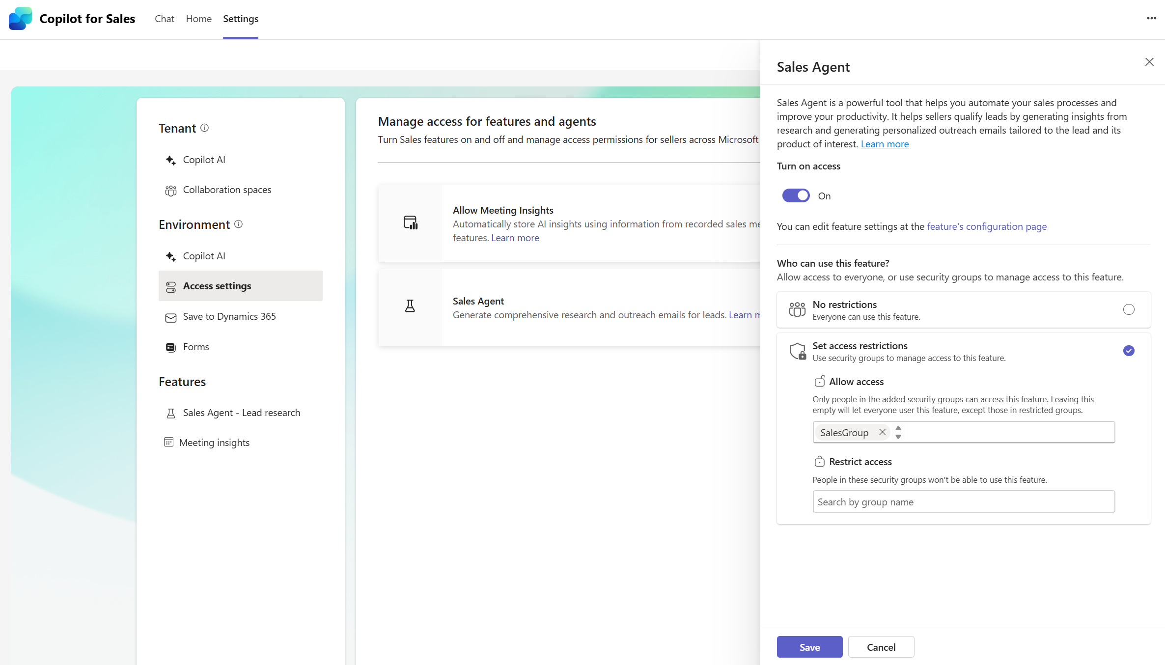 Screenshot der Zugriffseinstellungen des Vertriebsmitarbeiters.