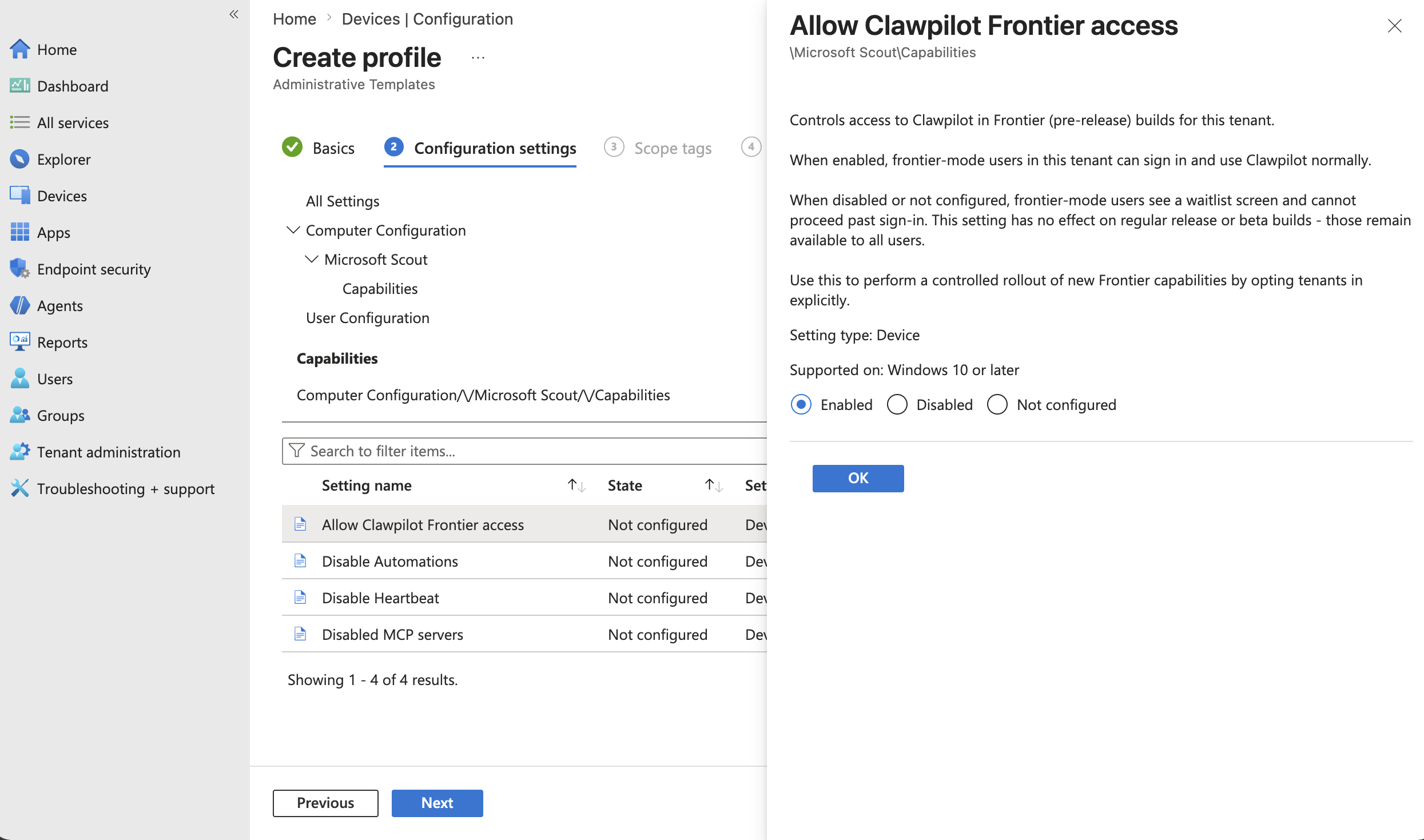 Screenshot of the Allow Clawpilot Frontier access policy setting set to Enabled in Intune.
