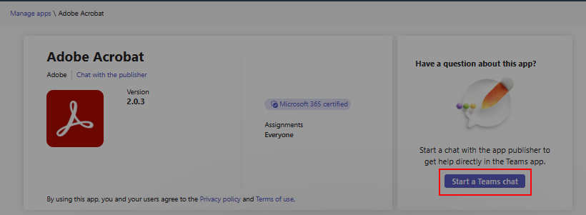 Screenshot: Option auf der Seite mit den App-Details, mit der Sie mit App-Entwicklern chatten können.
