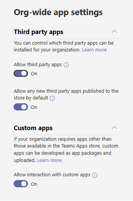 Screenshot des Bereichs Organisationsweite App-Einstellungen auf der Seite Apps verwalten