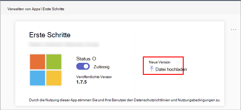 Screenshot: Option zum Hochladen einer neuen Version einer benutzerdefinierten App im Admin Center