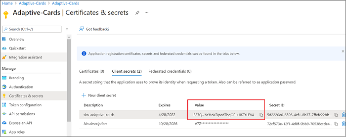 Der Screenshot zeigt, wie Sie die geheime Clientschlüssel-ID zur späteren Referenz speichern.