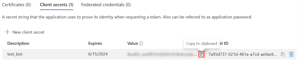 Screenshot: Option zum Kopieren des Werts der geheimen Clientschlüssel-ID zum Kopieren des Werts in die Zwischenablage