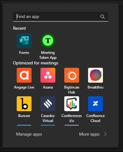 Screenshot: Suchen einer App mit rot hervorgehobener Besprechungstoken-App 