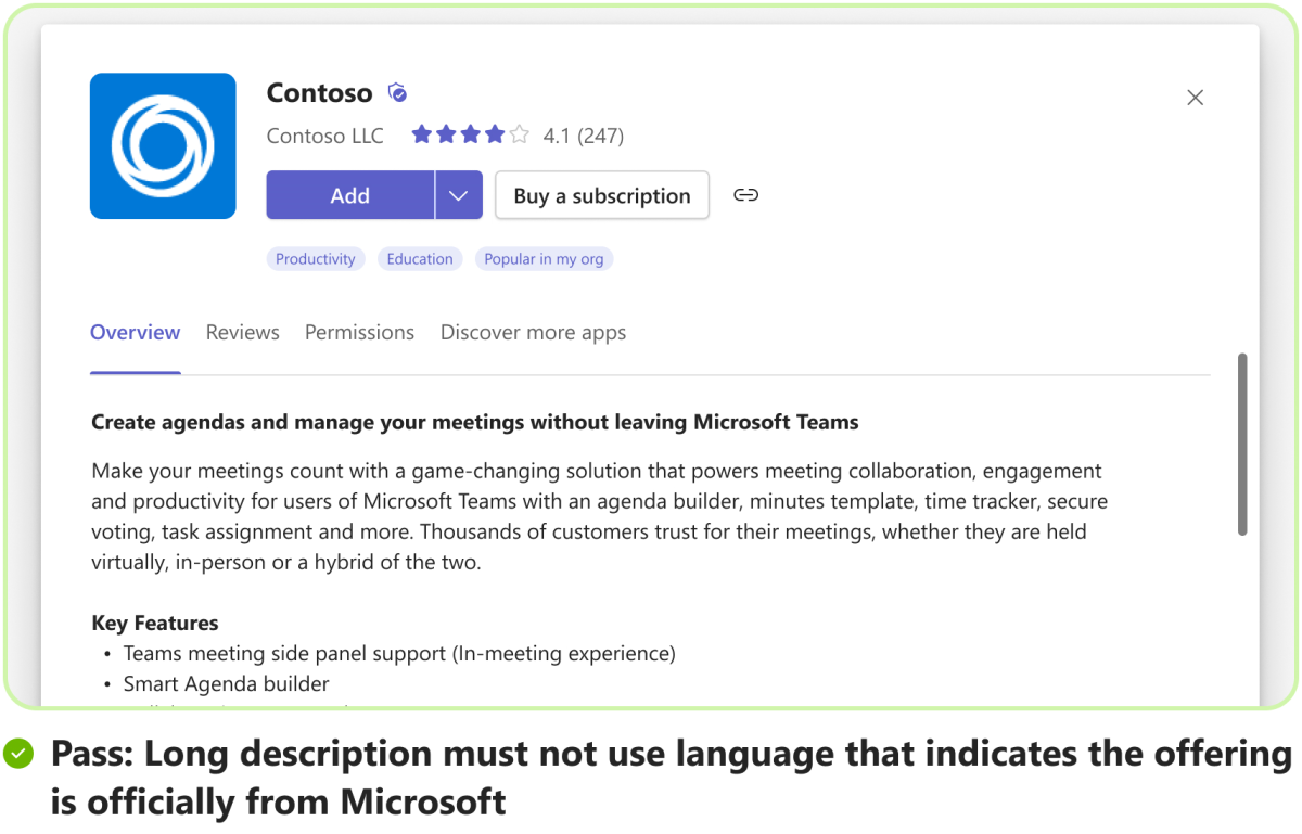 Grafik, die ein Beispiel für das Schreiben einer App-Beschreibung zeigt, ohne Microsoft-Slogans und -Taglines zu verwenden.