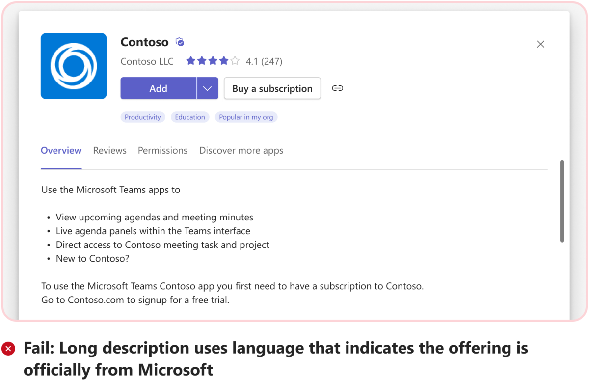 Die Grafik zeigt ein Beispiel dafür, wie das Microsoft-Angebot in der App-Beschreibung nicht angegeben wird.