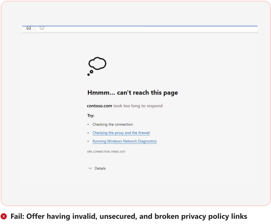 Screenshot: Ungültige, unsichere und fehlerhafte Datenschutzrichtlinie
