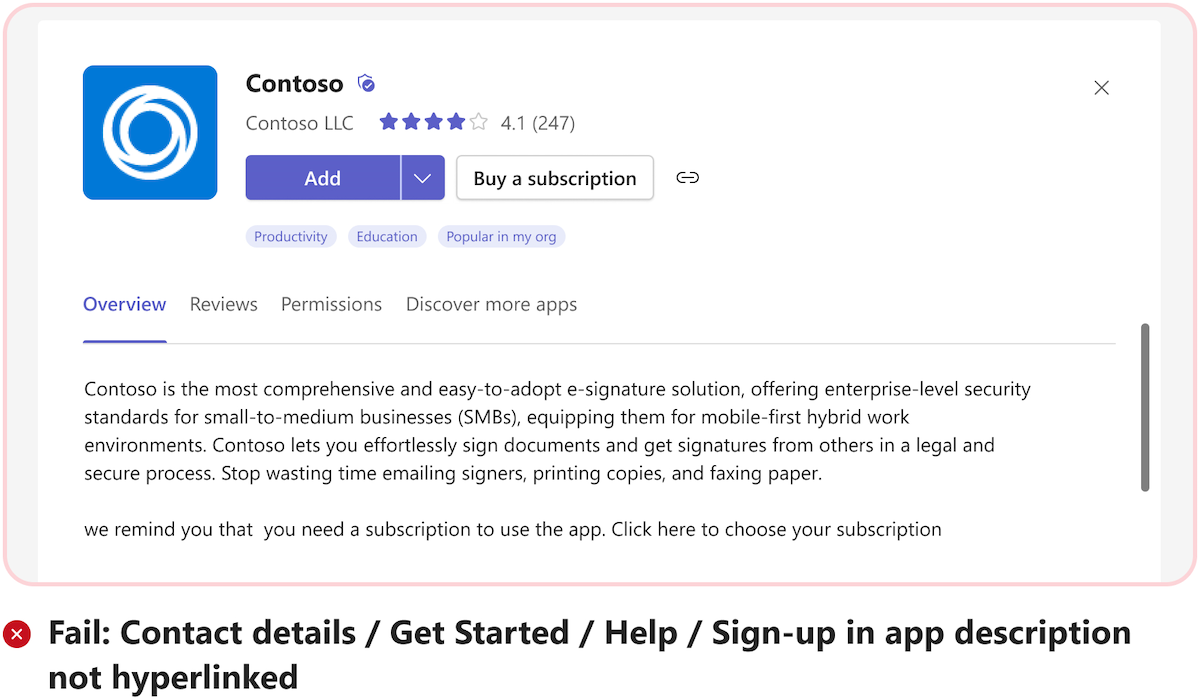 Screenshot des Szenarios mit einem Fehler bei der Registrierung. Kontaktdetails in der App-Beschreibung müssen mit einem Link versehen werden.
