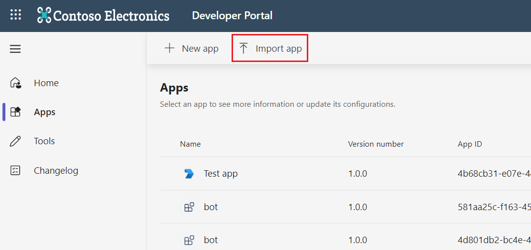 Screenshot, der zeigt, wie Sie Ihre vorhandene App im Entwicklerportal für Teams importieren, um Ihre Apps zu verwalten.