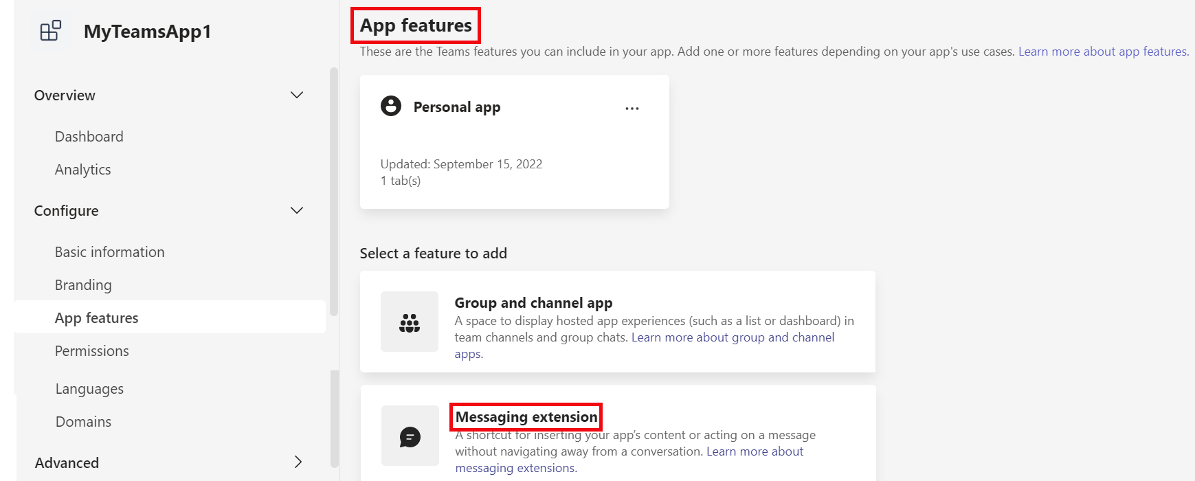 Screenshot: App-Features mit rot hervorgehobener App-Features und Messaging-Erweiterung