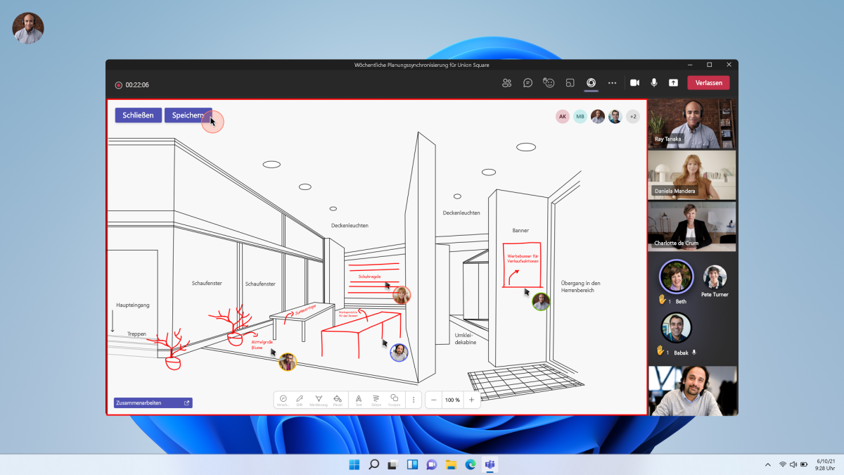 Screenshots zeigen ein Beispiel für mehrere Benutzer, die während einer Besprechung auf einer Canvas zeichnen.