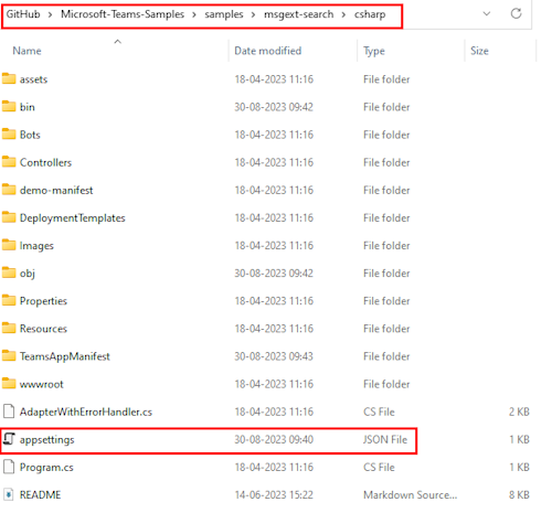 Screenshot des geklonten Repositorys mit rot hervorgehobenem Dateipfad und JSON-Datei für appsettings