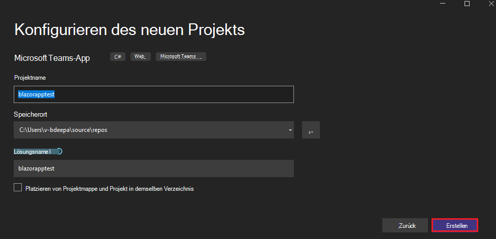 Screenshot: Konfigurieren Des neuen Projekts mit rot hervorgehobener Option 