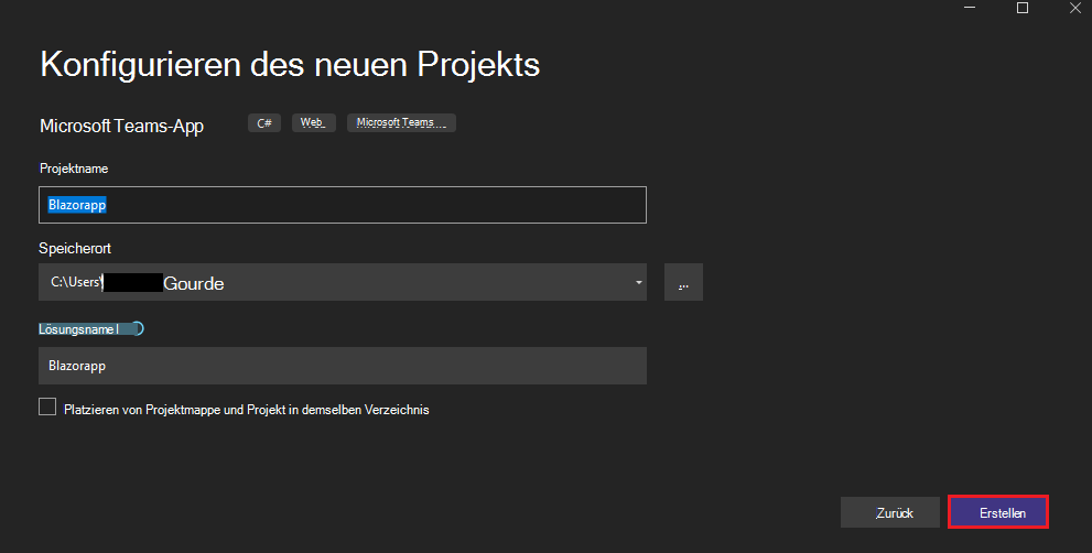 Screenshot: Konfigurieren Des neuen Projekts mit Create Option